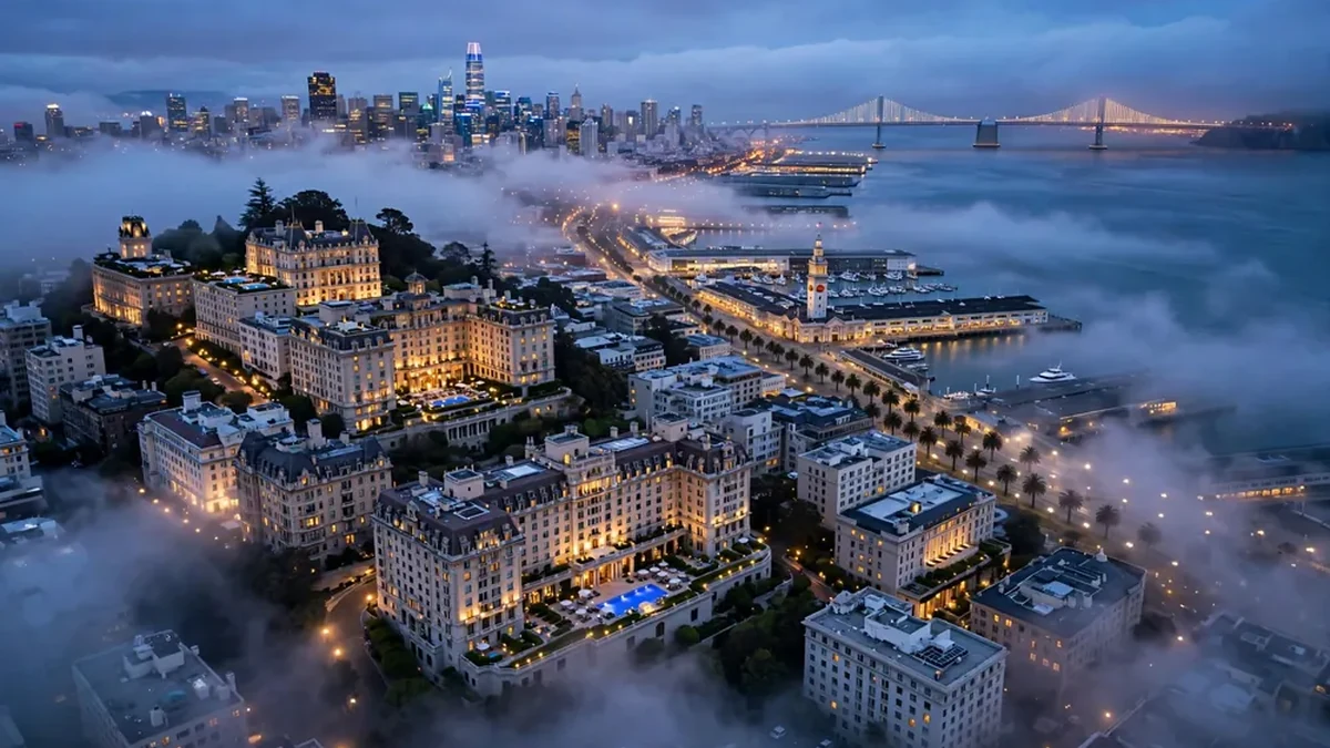 Aerial twilight view of luxury hotels in San Francisco with fog and city lights