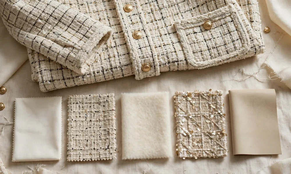 Flat lay of Chanel tweed jackets and fabric swatches showing price categories