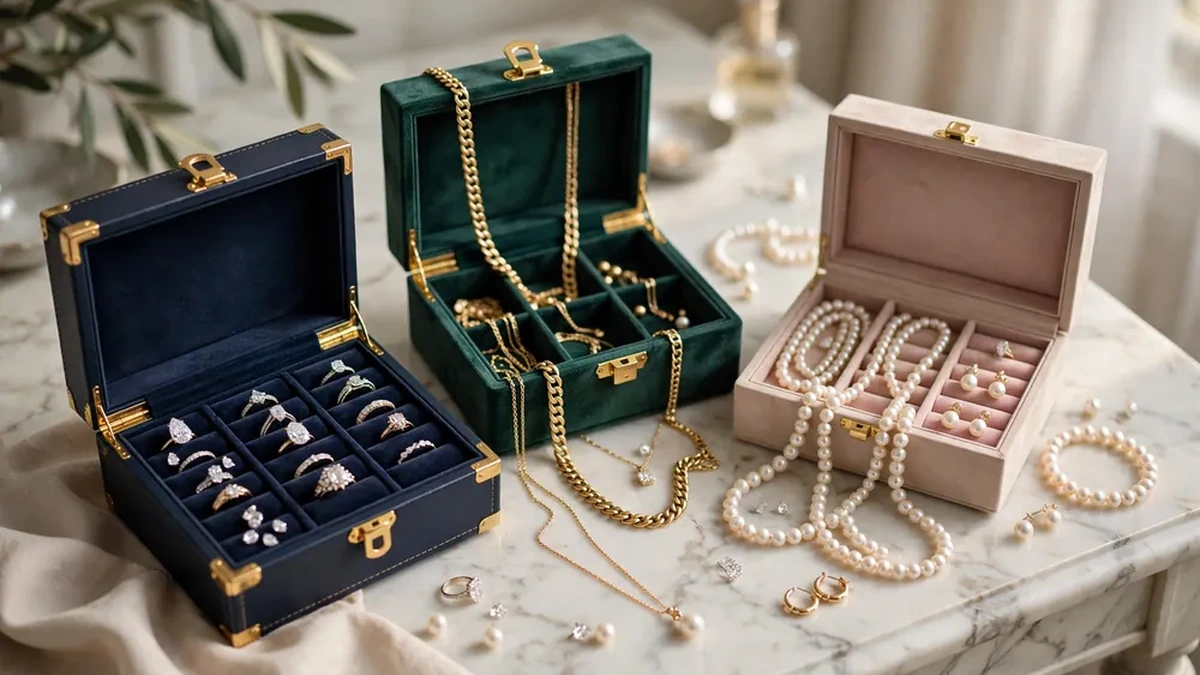 Luxury jewelry boxes with organized gold necklaces diamond rings and pearl earrings