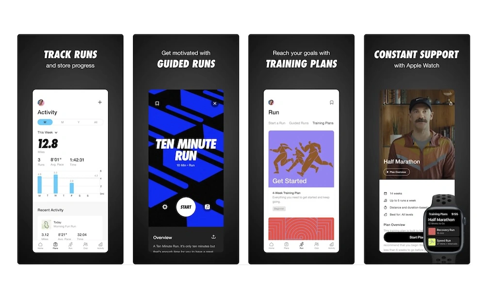 Four Apple Watch fitness app panels show run tracking, a guided ten-minute run, colorful training plans, and a marathon coach with watch support; bold black layouts feel energetic and motivating.