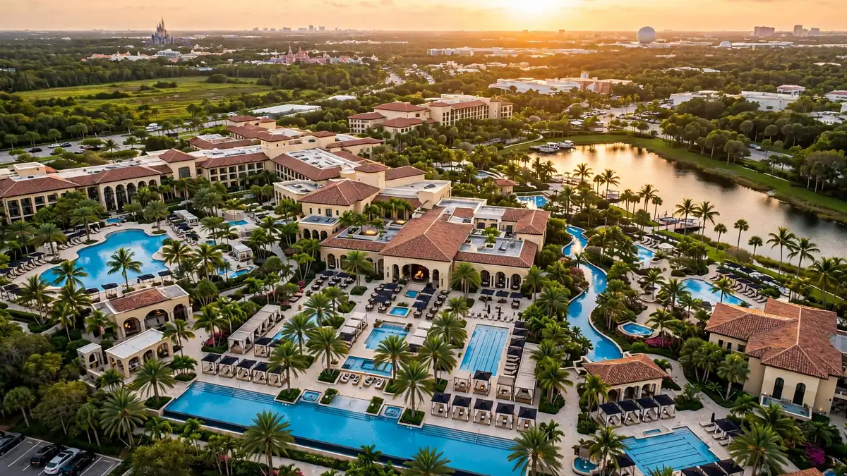 Luxury resort in Orlando Florida with pools and palm trees at sunset near Walt Disney World