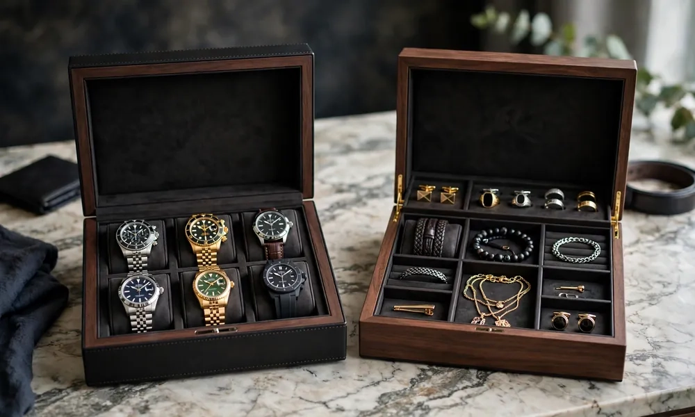 Luxury men's jewelry box vs watch box side by side comparison