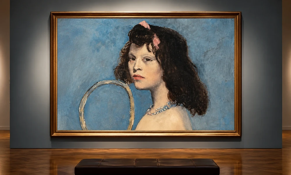 Pablo Picasso's Fillette à la corbeille fleurie, a girl with dark hair against a blue background