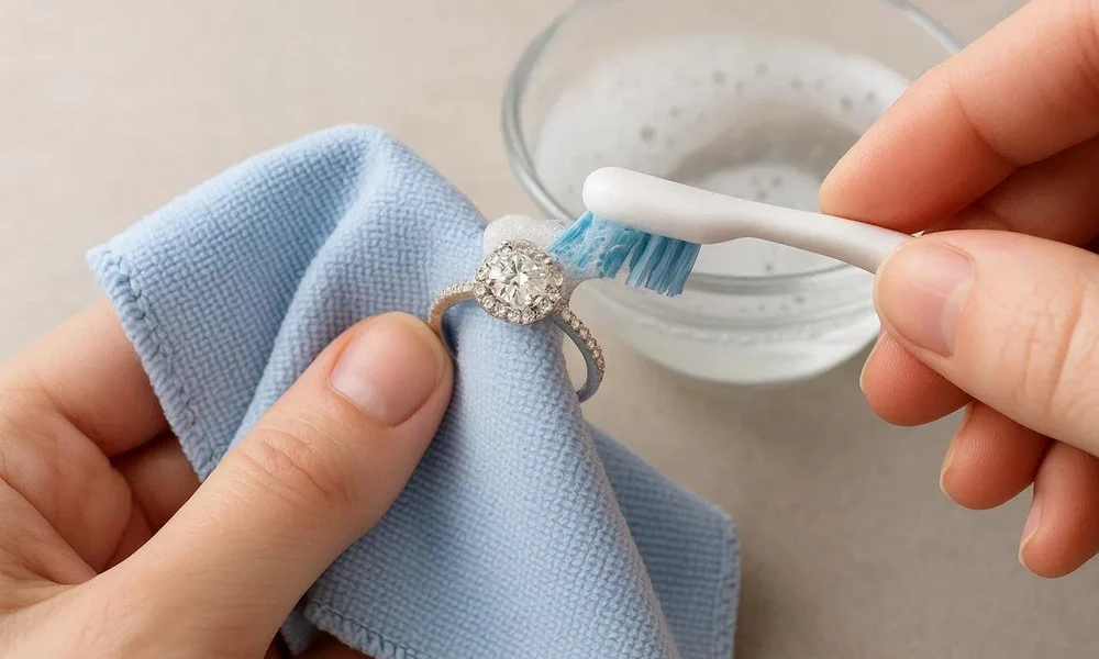 Gently cleaning a halo diamond engagement ring with a soft toothbrush.