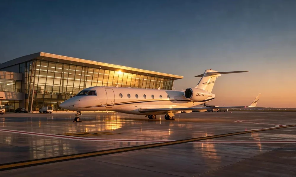 Private aircraft parked on a wet tarmac in front of a brightly lit glass terminal building at dusk-Luxury Personal Jet