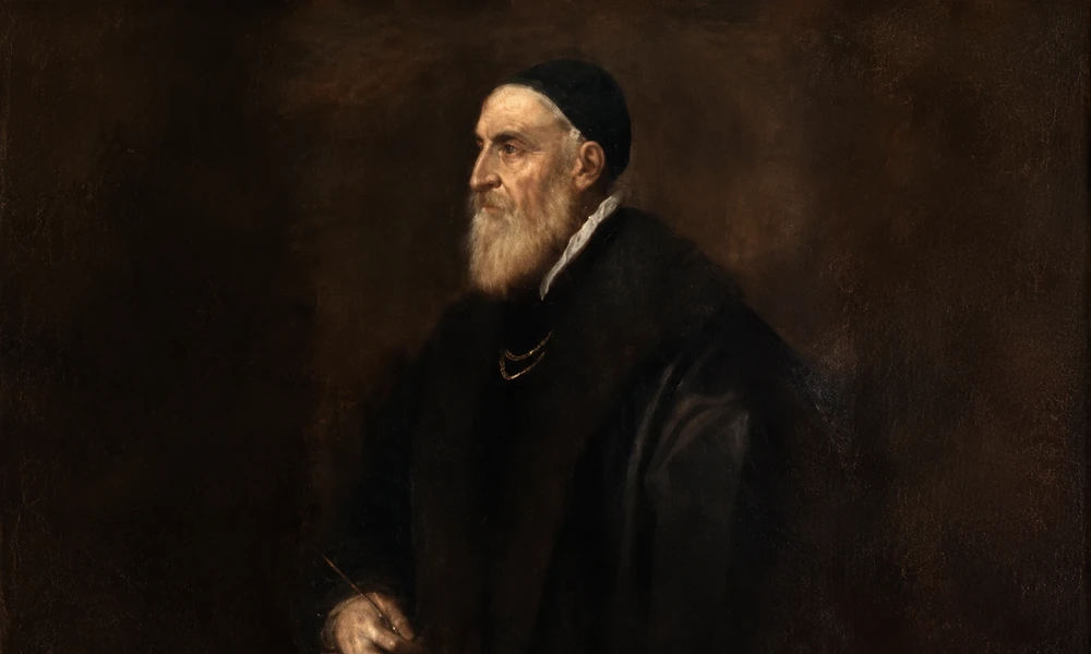 Profile portrait of Venetian Renaissance painter Titian (c. 1488–1576) with a white beard, black cap and dark robe-15 Greatest Painters