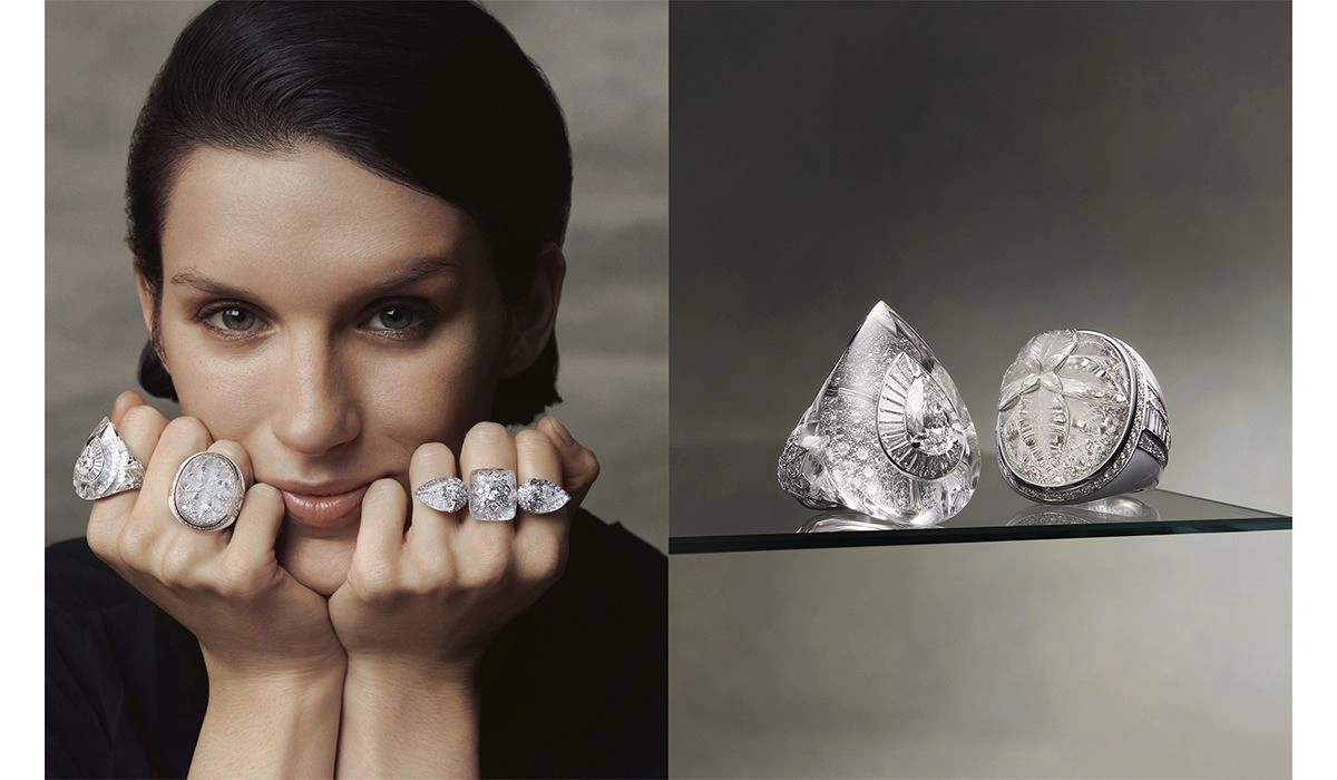 woman wearing large diamond rings alongside a close-up of two intricate crystal and diamond rings