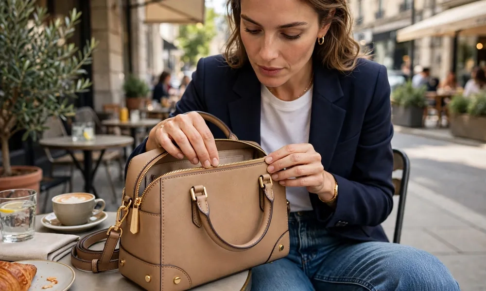 Woman checking Michael Kors handbag quality and construction