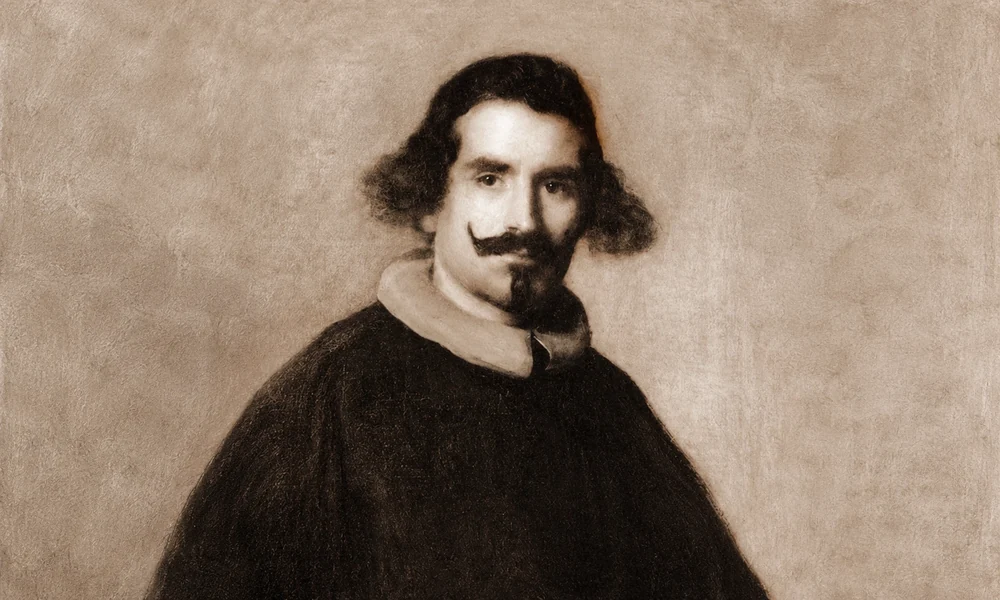 Sepia portrait of 17th-century Spanish painter Diego Velázquez (1599–1660) with a mustache, pointed beard and white collar