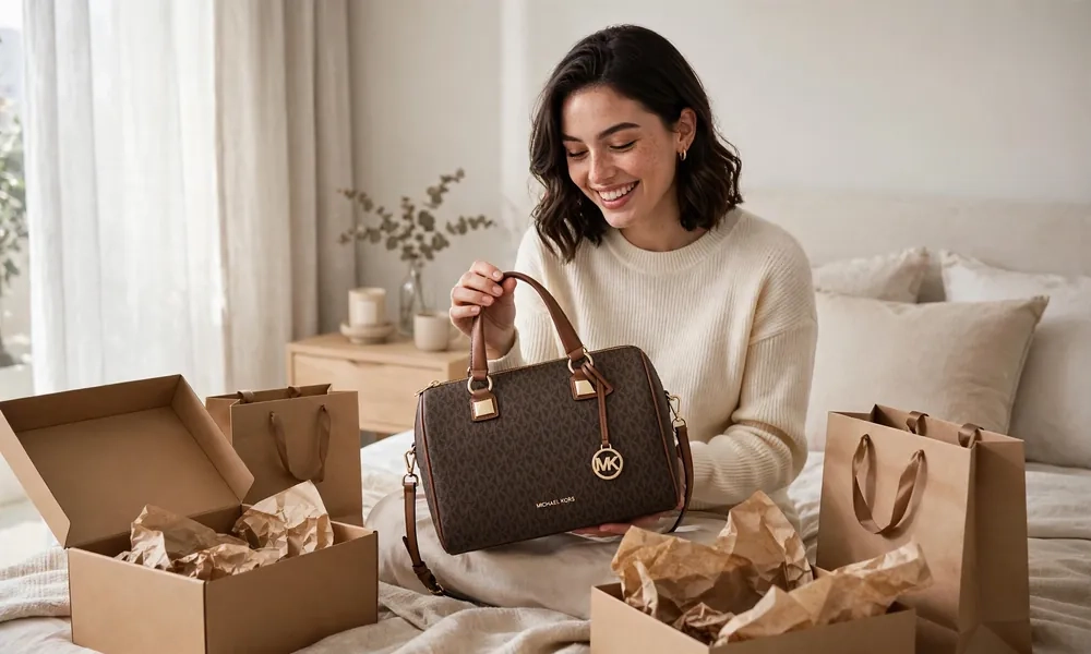 Woman unboxing first Michael Kors designer handbag entry-level luxury