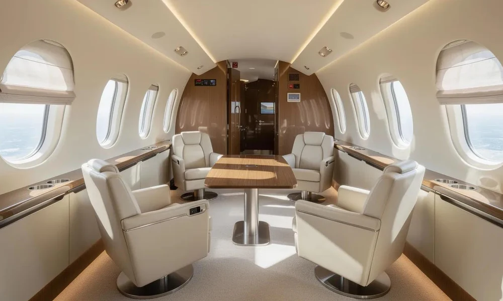 Spacious executive cabin interior featuring cream leather seats arranged around a central wooden dining table