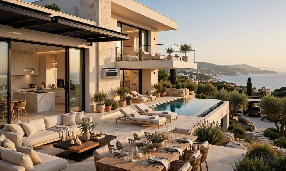 Saint-Tropez luxury villa with terrace, modern kitchen and outdoor living spaces