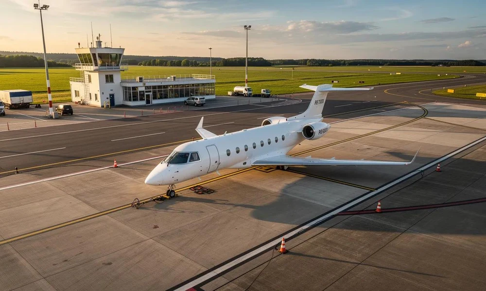 White executive aircraft parked on an airfield apron near a small air traffic control tower-How to Fly Private