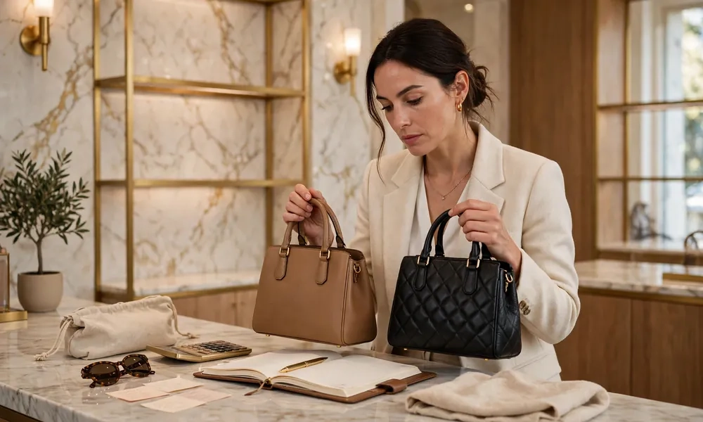 Shopper comparing luxury handbags in boutique for purchase decision