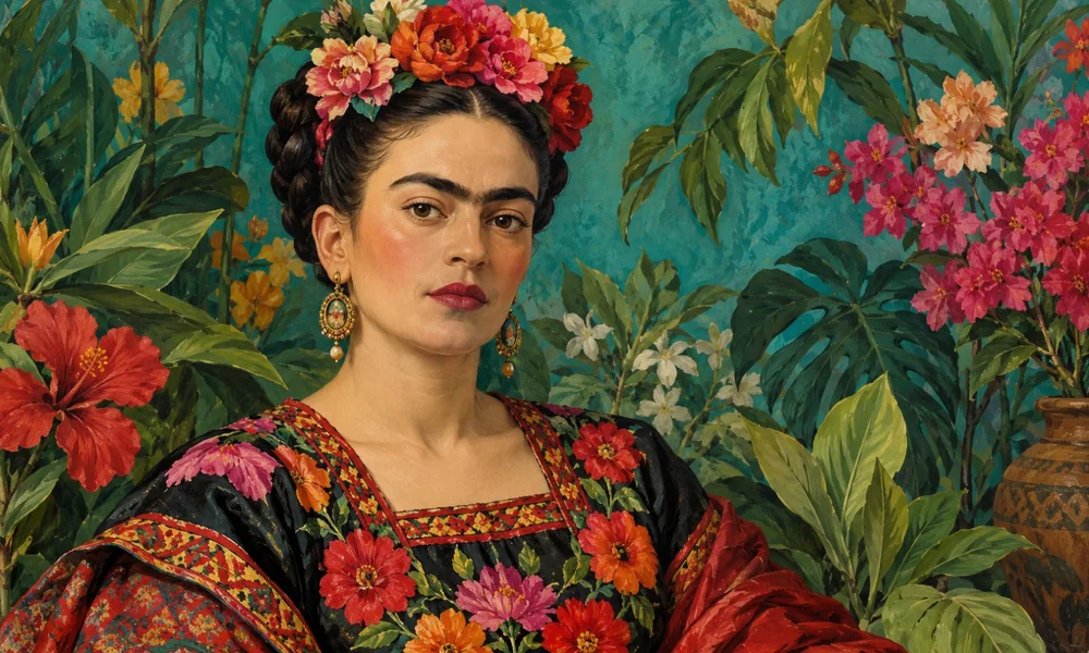 Painted portrait of twentieth-century painter Frida Kahlo (1907–1954) with flowers in her hair and an embroidered black blouse against a teal background of tropical plants