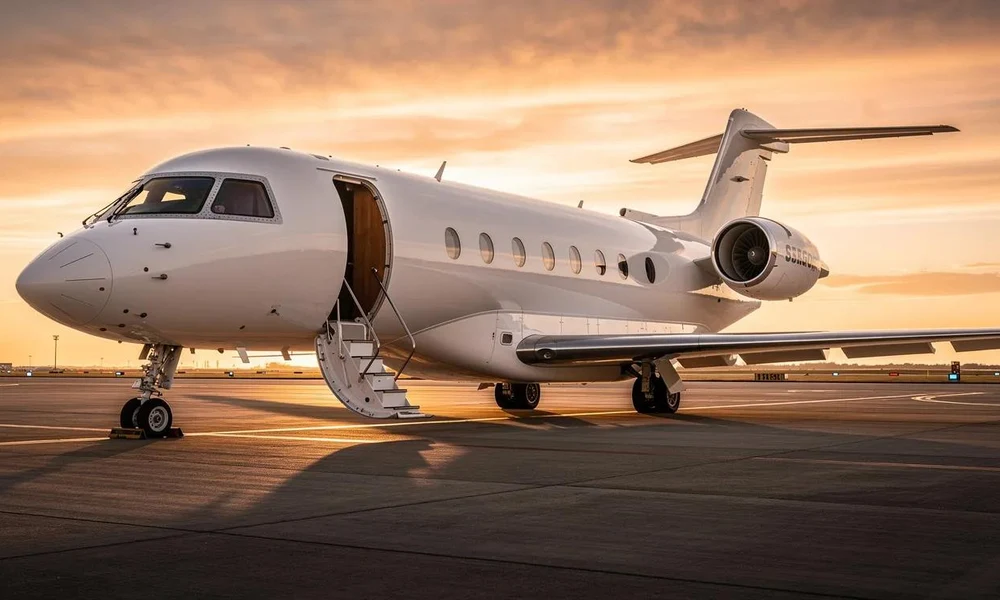 White business aircraft parked on an airport apron during a golden sunset with airstairs deployed-How to Fly Private