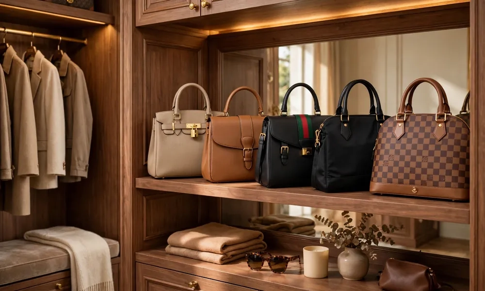 Luxury closet with collection of designer handbags from different brands