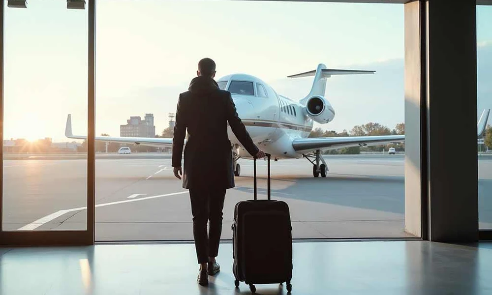 Traveler holding a rolling suitcase while looking through a glass terminal door at a parked aircraft during sunset-How to Fly Private
