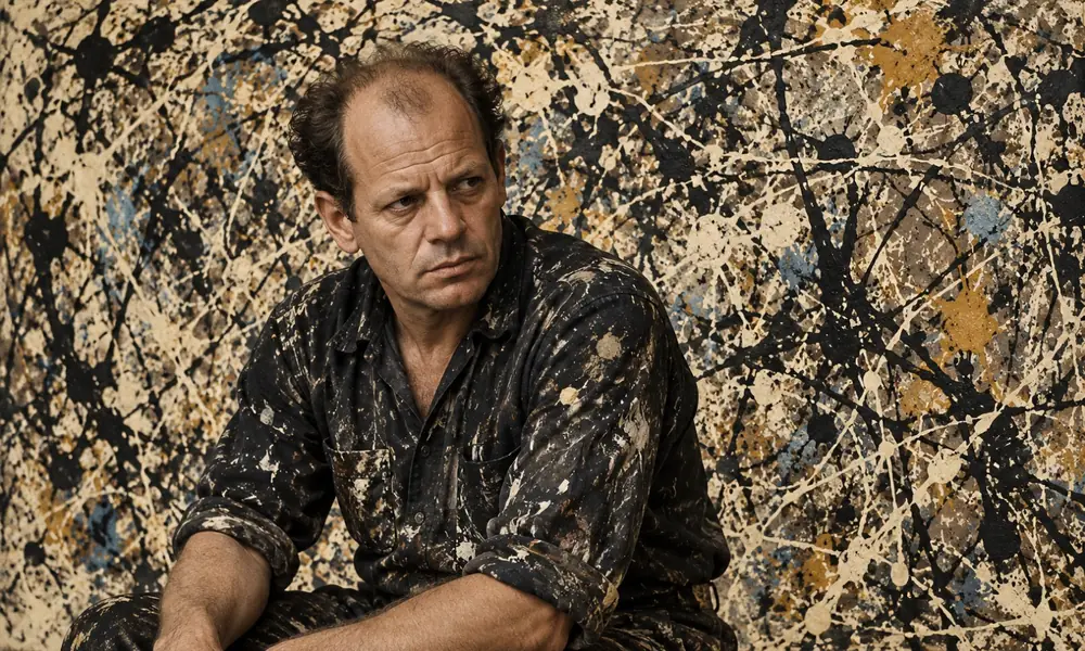 Abstract Expressionist painter Jackson Pollock (1912–1956) sitting in paint-splattered clothes in front of a large drip painting-15 Greatest Painters
