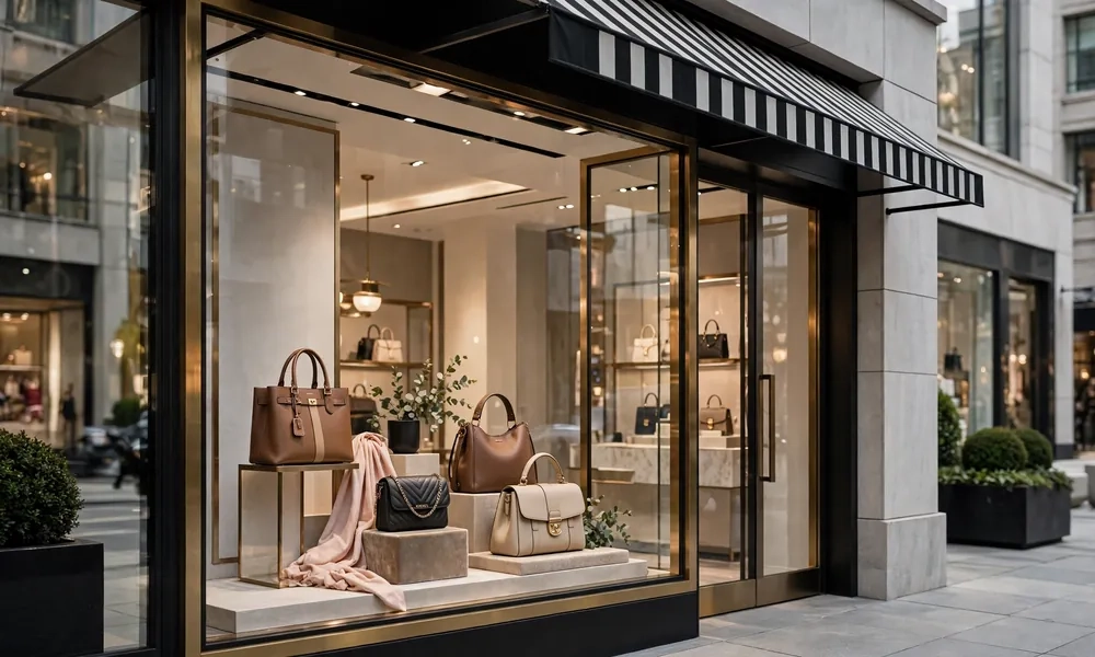 Michael Kors storefront with luxury handbags display