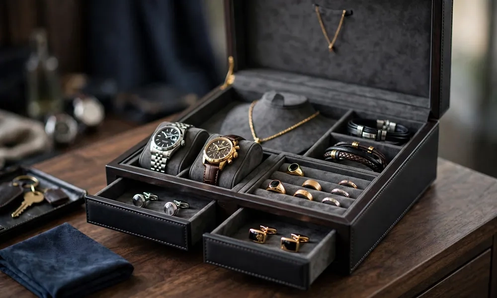 Luxury men's jewelry box interior with watch cushions and ring rolls