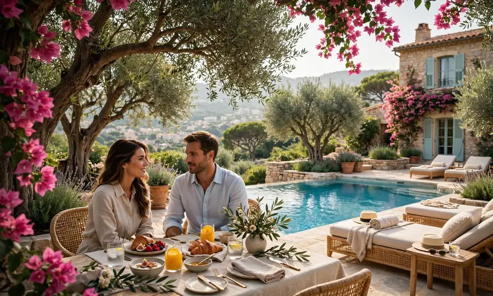 Couple enjoying luxury holiday breakfast in Saint-Tropez villa garden with pool