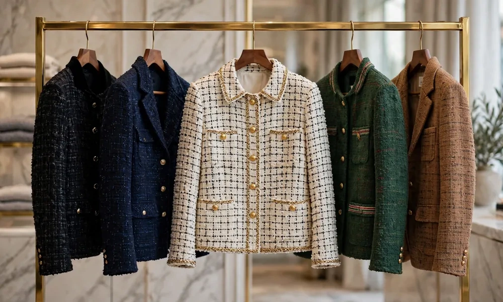 Luxury designer jackets on rack with Chanel tweed jacket in center