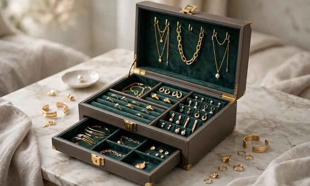 Luxury jewelry box open showing ring rolls earring holders and necklace hooks