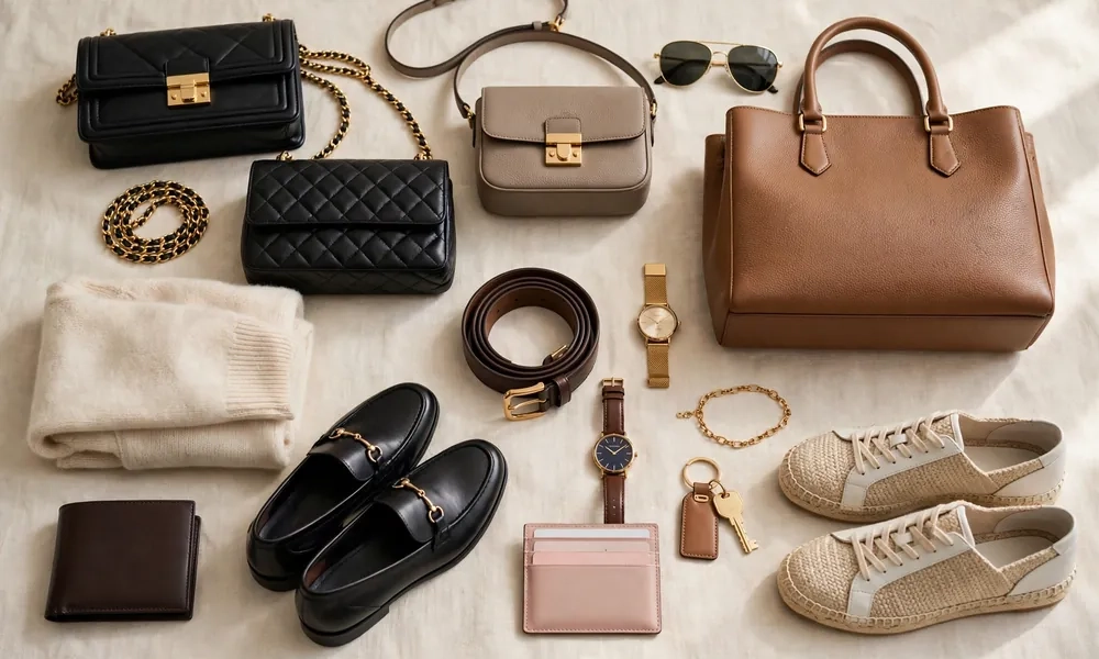 Flat lay of Michael Kors products wallets watches handbags shoes and clothing
