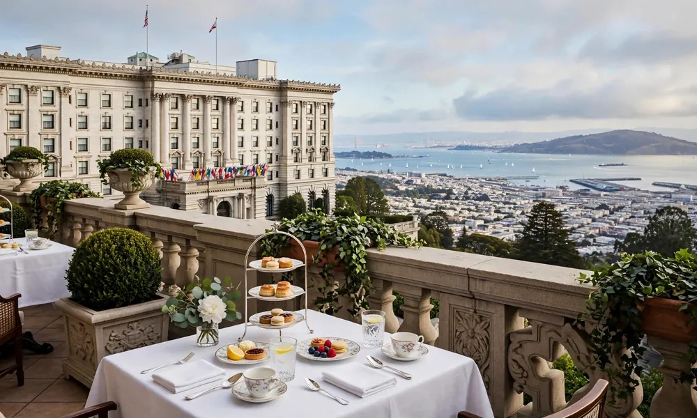 Fairmont San Francisco luxury hotel terrace with afternoon tea and Bay view