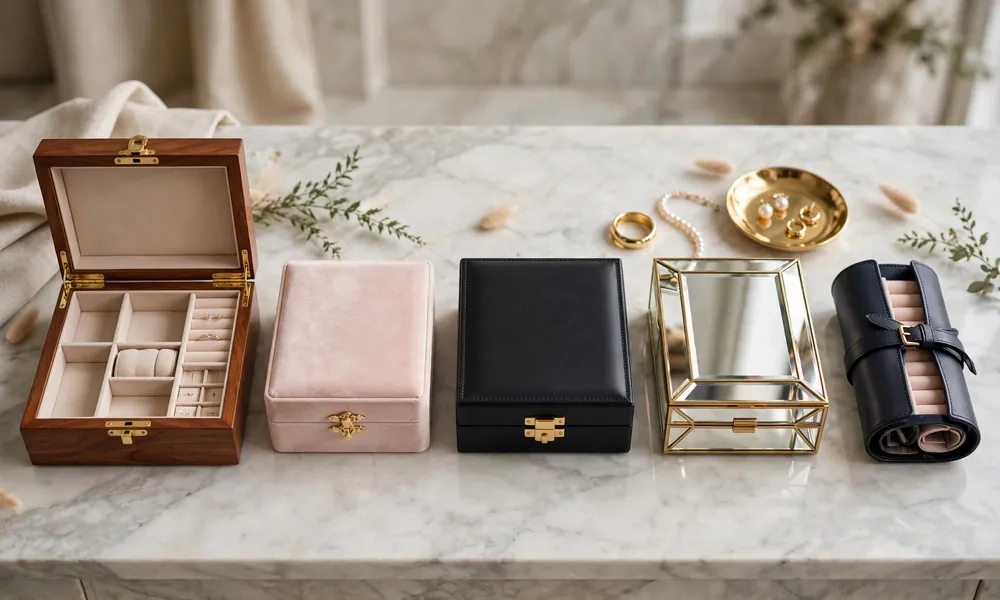 Popular types of luxury jewelry boxes comparison wooden velvet leather mirrored travel