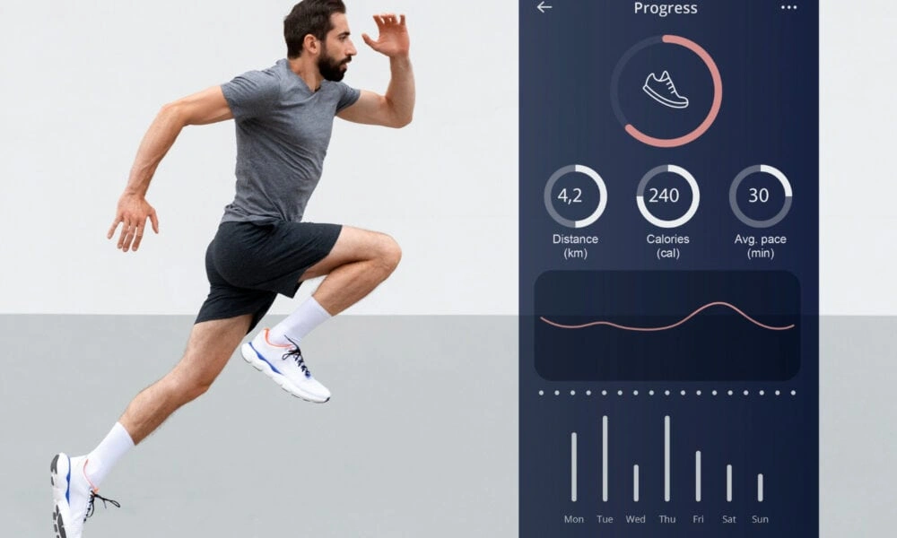 A focused man sprints beside a fitness app dashboard showing 4.2 km, 240 calories, average pace, a progress ring, and weekly activity bars.