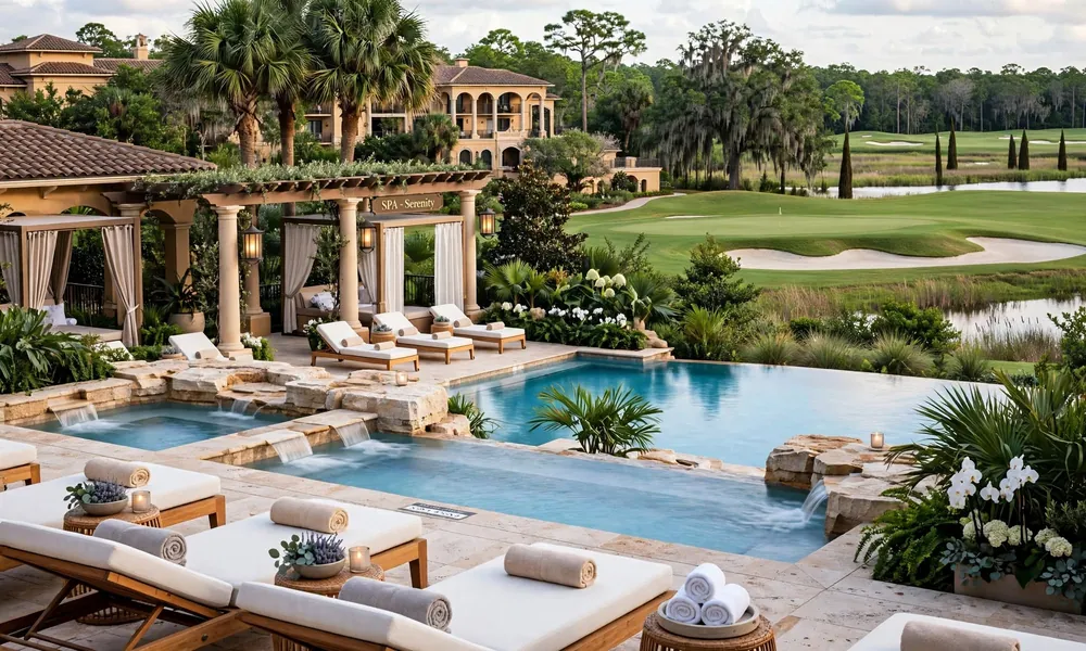 Luxury spa pool at The Ritz-Carlton Orlando Grande Lakes with golf course view