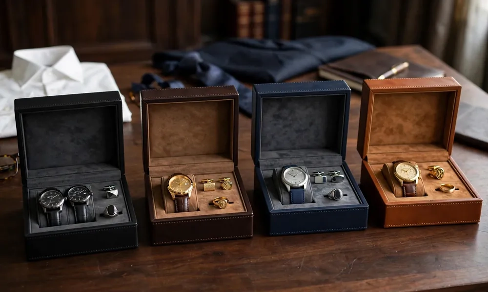 Leather boxes in black, dark brown, navy and tan with smooth stitching and soft interior lining for classic business attire