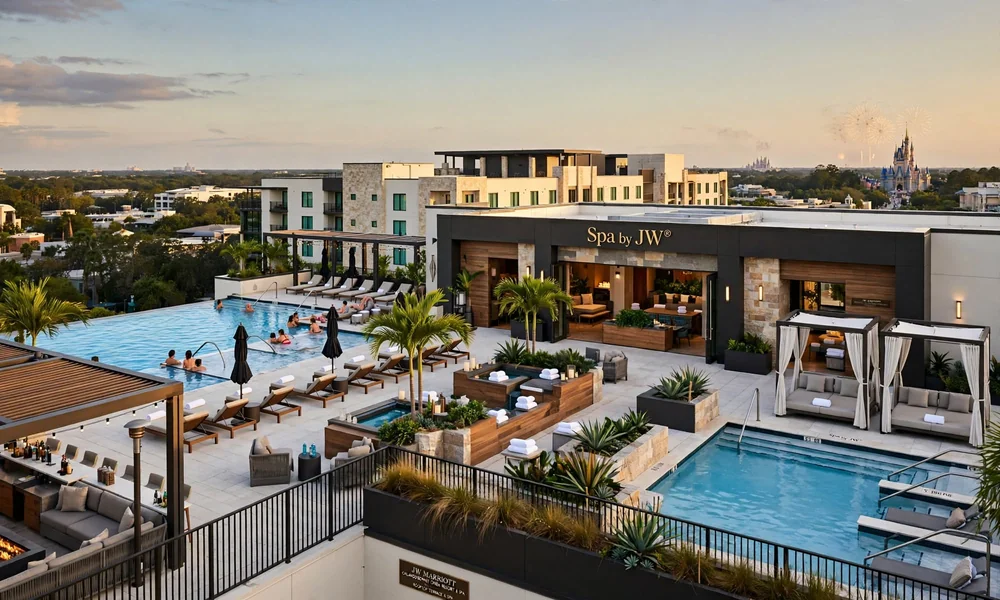 Hotel Beauden Downtown Orlando rooftop pool with city skyline and art-inspired design