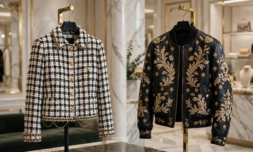 Chanel tweed jacket vs Gucci embellished leather bomber jacket comparison