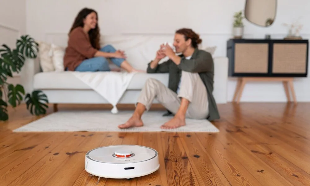 A white robot vacuum cleans a wooden living room as a relaxed couple chat on the sofa-Best Cleaning Vacuum Cleaner