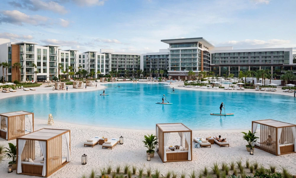 Conrad Orlando Evermore Bay crystal lagoon with paddleboarders and luxury cabanas