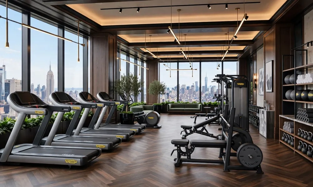 Luxury hotel fitness center with modern equipment and city view