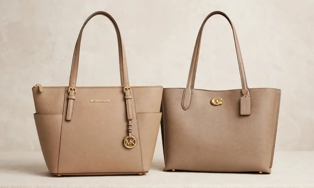 Michael Kors vs Coach handbags comparison on neutral background
