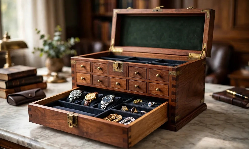 Wooden luxury men's jewelry box walnut with brass hardware and drawers