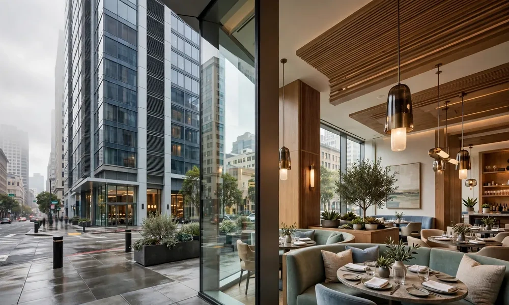Four Seasons Hotel San Francisco luxury exterior and MKT Restaurant interior
