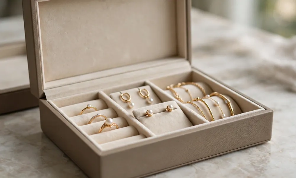 Velvet-lined luxury jewelry box with soft cream interior and gold jewelry