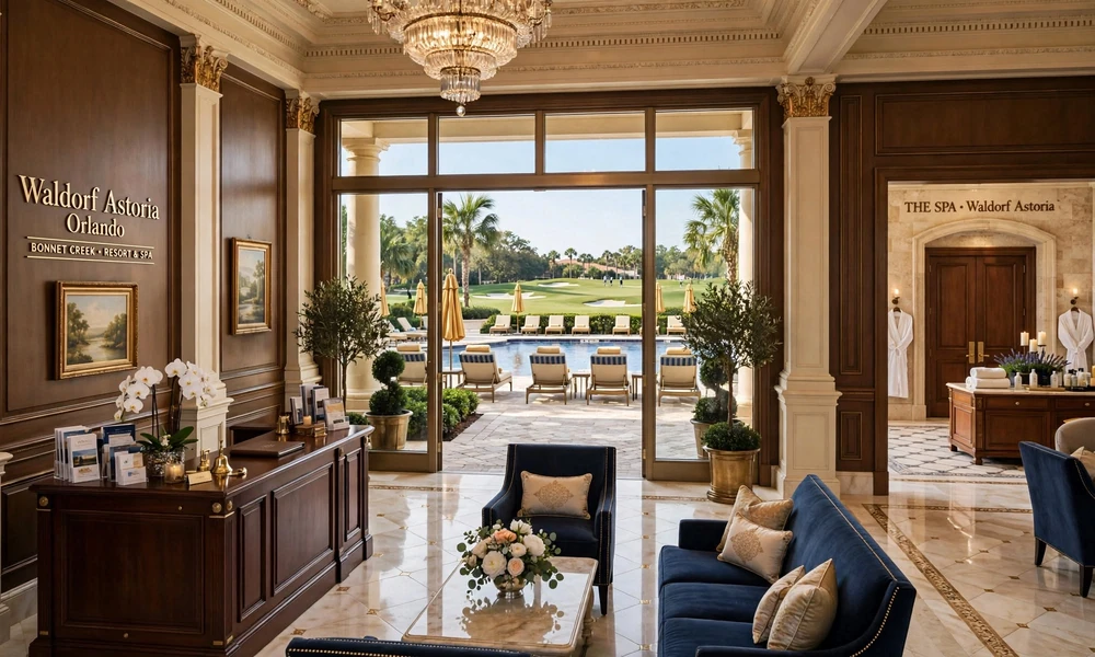Classic luxury interior and pool view at Waldorf Astoria Orlando resort