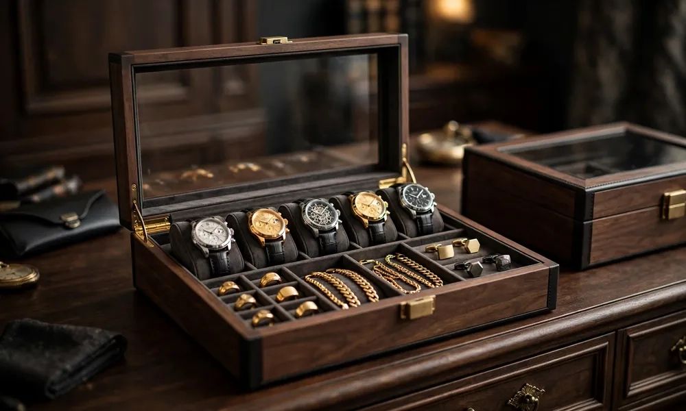 Men's watch and jewelry box combined with transparent lid and watch cushions