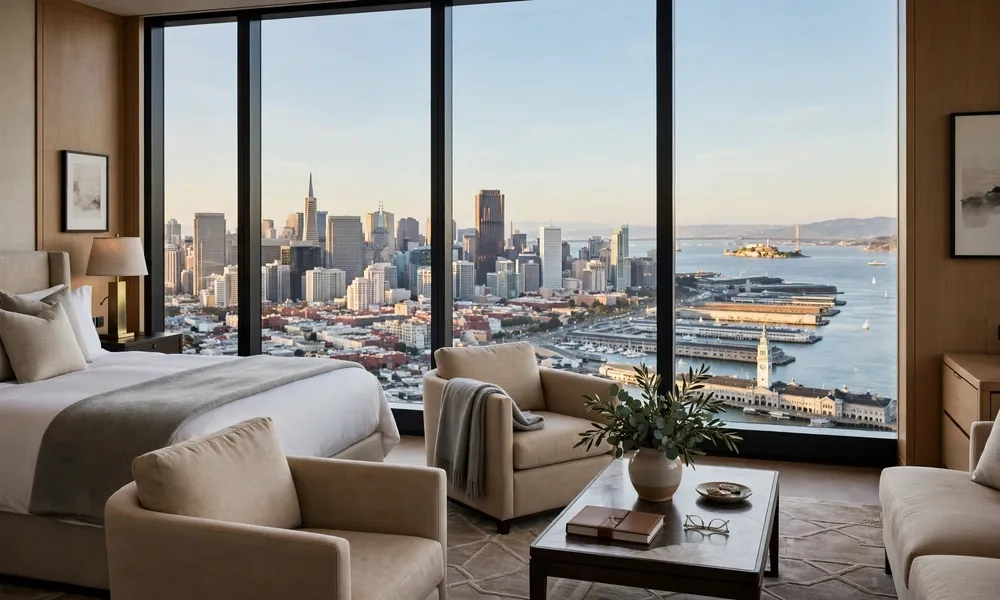 Four Seasons Embarcadero luxury suite with panoramic San Francisco Bay view
