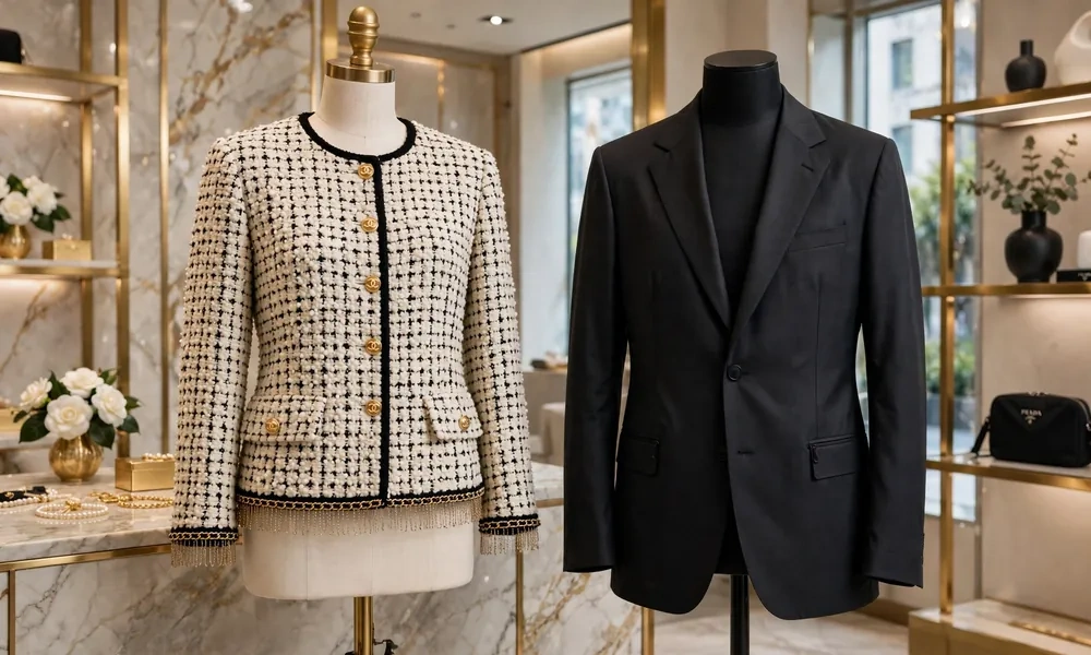 Chanel tweed jacket vs Prada technical wool nylon blazer comparison