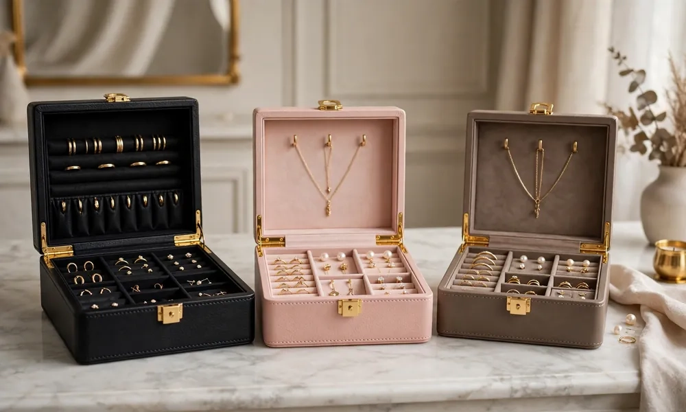  Leather luxury jewelry boxes in black pink and taupe with gold hardware