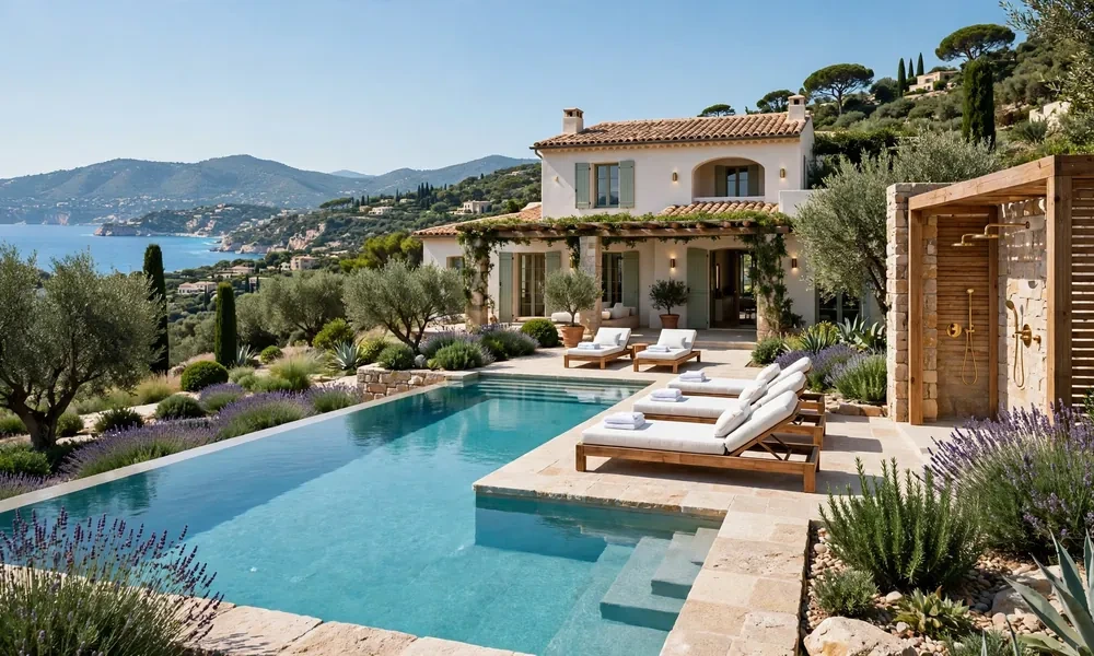 Luxury villa private pool with garden and sun loungers in Saint-Tropez