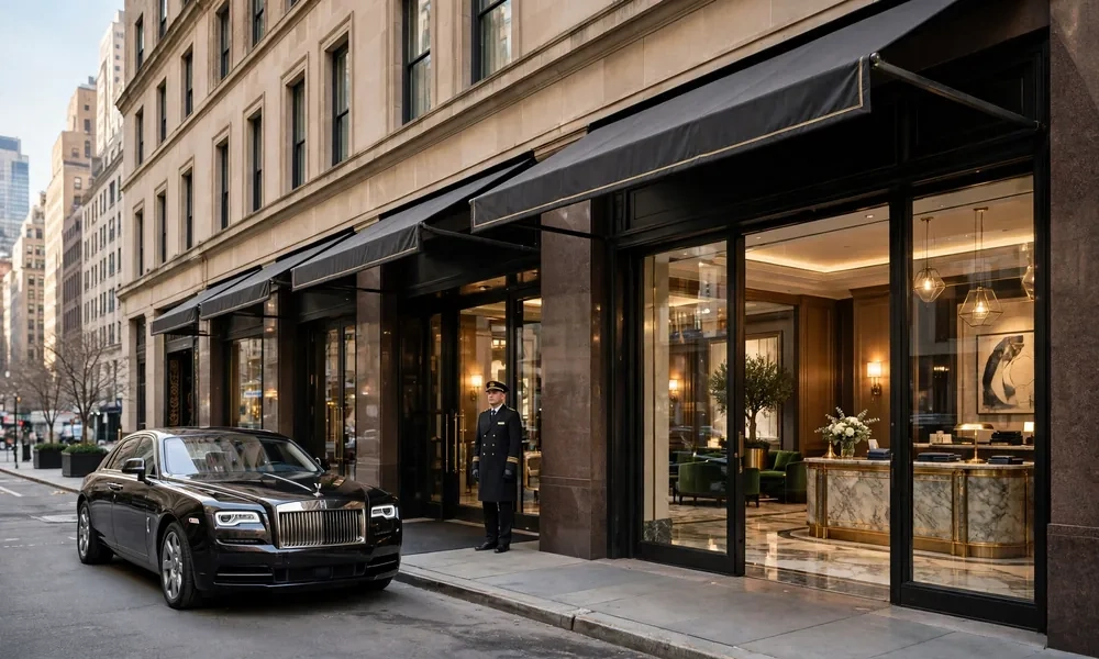 Luxury hotel entrance with valet service and check-in lobby